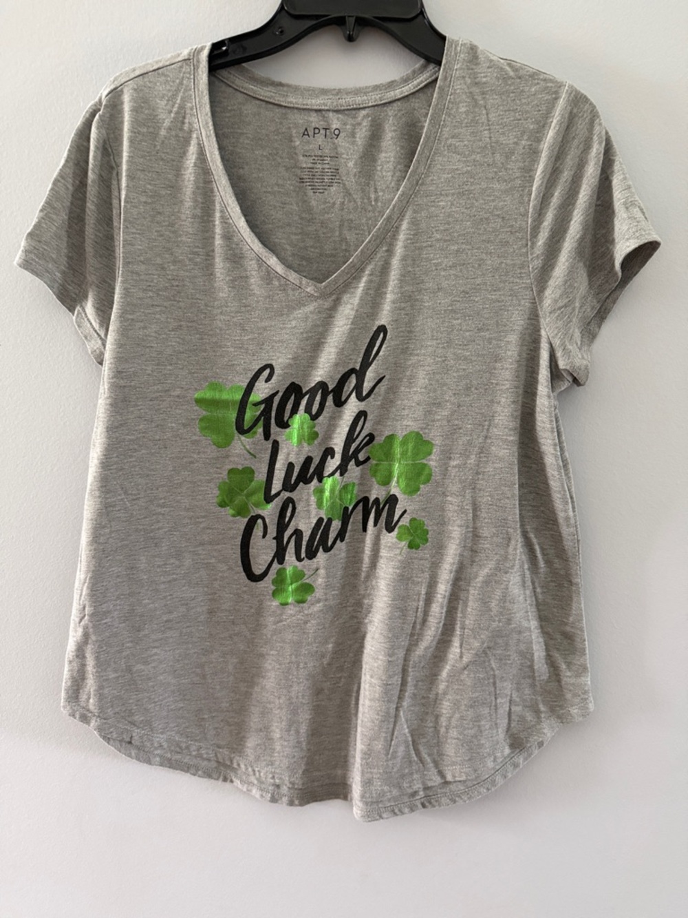 Apt. 9 Gray V-Neck Tee with Green Clover 'Good Luck Charm' Graphic